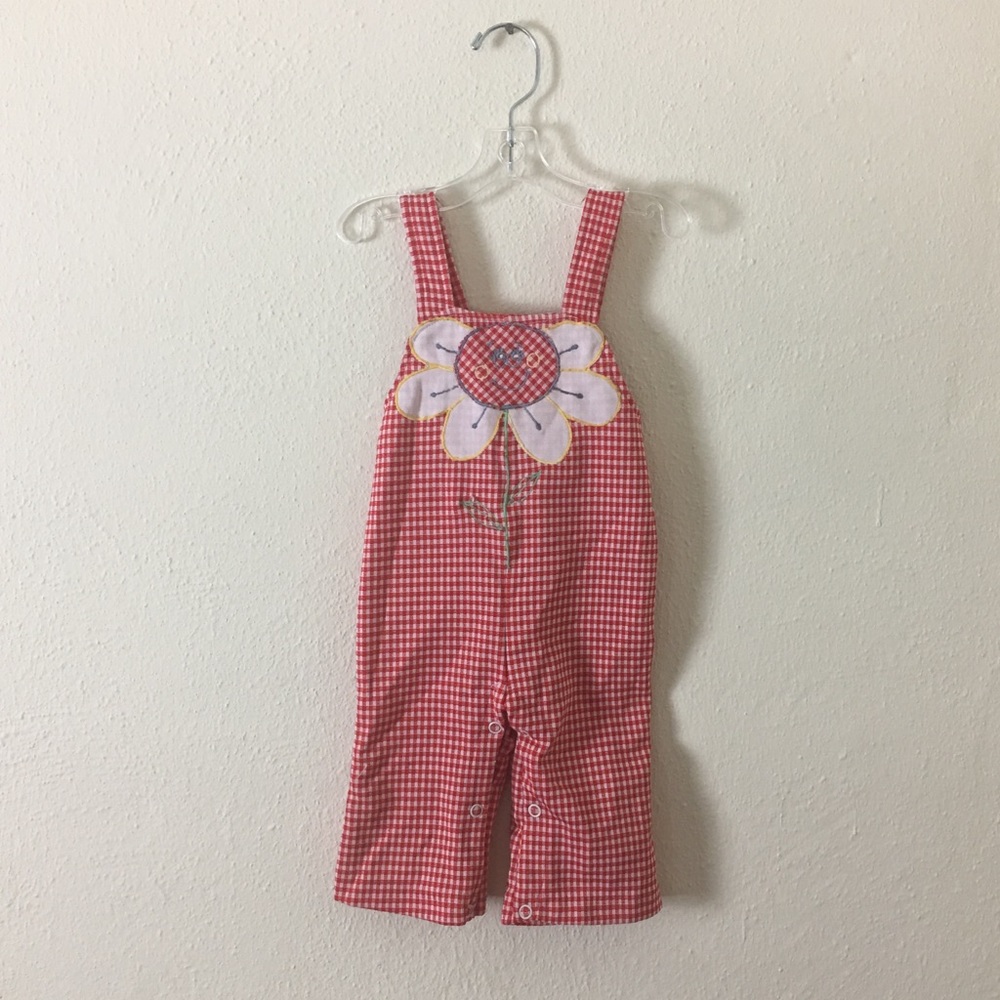 Vintage 1960s Red & White Gingham Flower Overalls